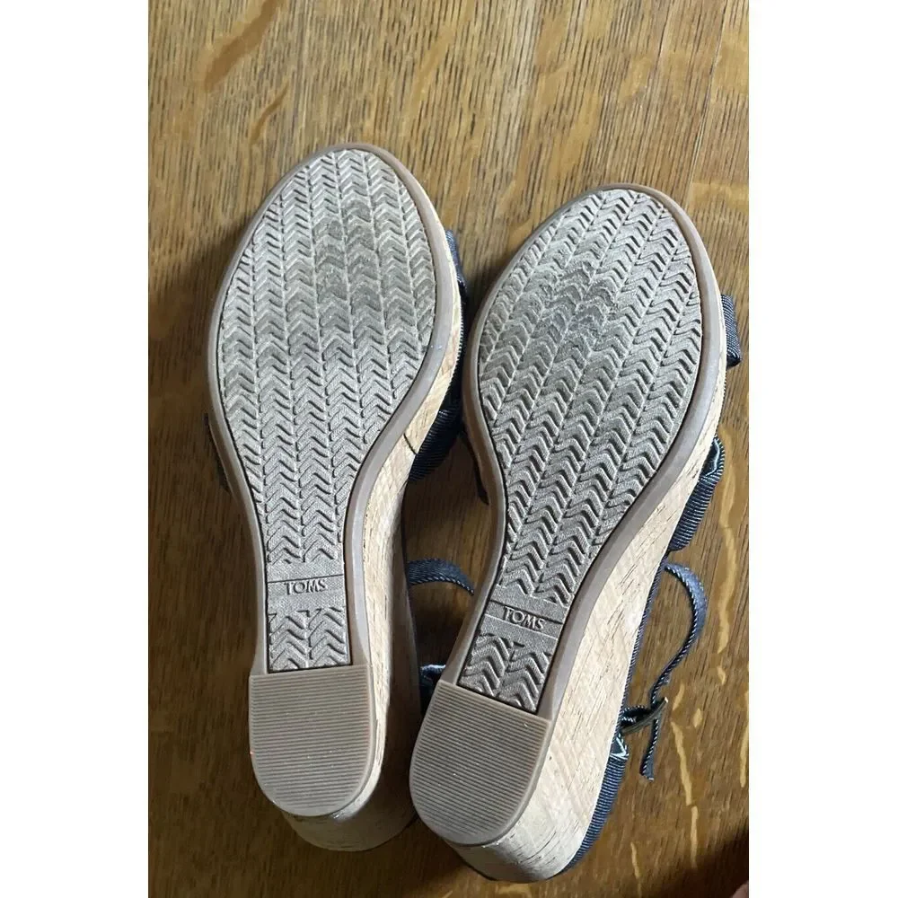TOMS Wedge Heel Cork/Fabric Buckle Strap Womens Blue Sandals Shoes‎ Size W 10